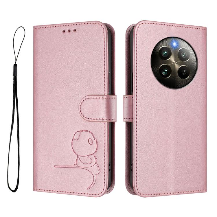 For Realme 13 4G / 12 4G / 12+ / P1 Litter Panda Embossing RFID Leather Phone Case with Lanyard