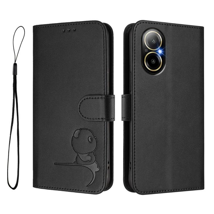 For Realme C67 4G / 12 Lite 4G Litter Panda Embossing RFID Leather Phone Case with Lanyard