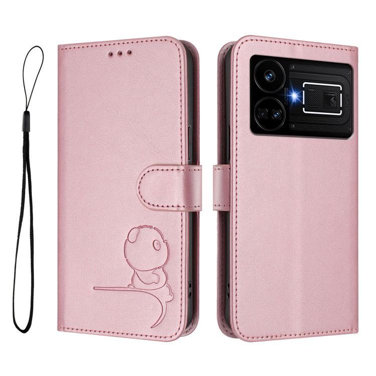 For Realme GT5 240W / GT5 Litter Panda Embossing RFID Leather Phone Case with Lanyard