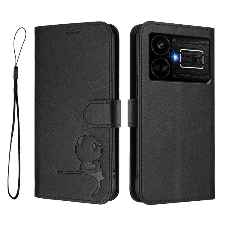 For Realme GT5 240W / GT5 Litter Panda Embossing RFID Leather Phone Case with Lanyard