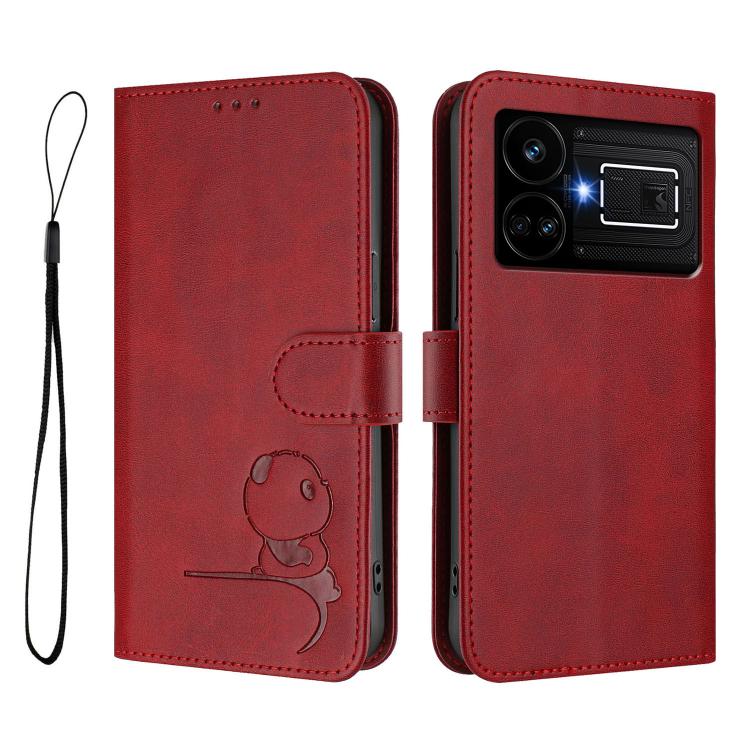 For Realme GT5 240W / GT5 Litter Panda Embossing RFID Leather Phone Case with Lanyard
