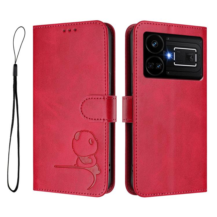 For Realme GT5 240W / GT5 Litter Panda Embossing RFID Leather Phone Case with Lanyard
