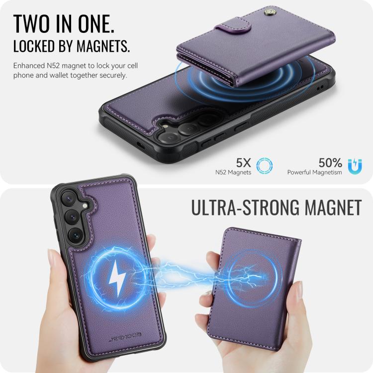 For Samsung Galaxy S24 FE 5G JEEHOOD J09 Buckle Card Bag MagSafe Magnetic Style RFID Leather Phone Case