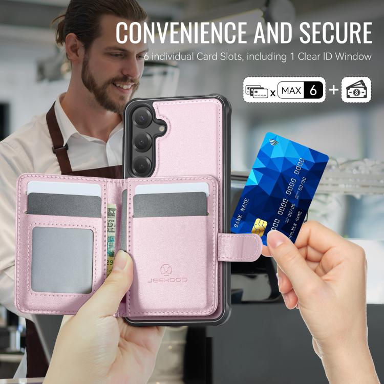 For Samsung Galaxy S24 FE 5G JEEHOOD J09 Buckle Card Bag MagSafe Magnetic Style RFID Leather Phone Case