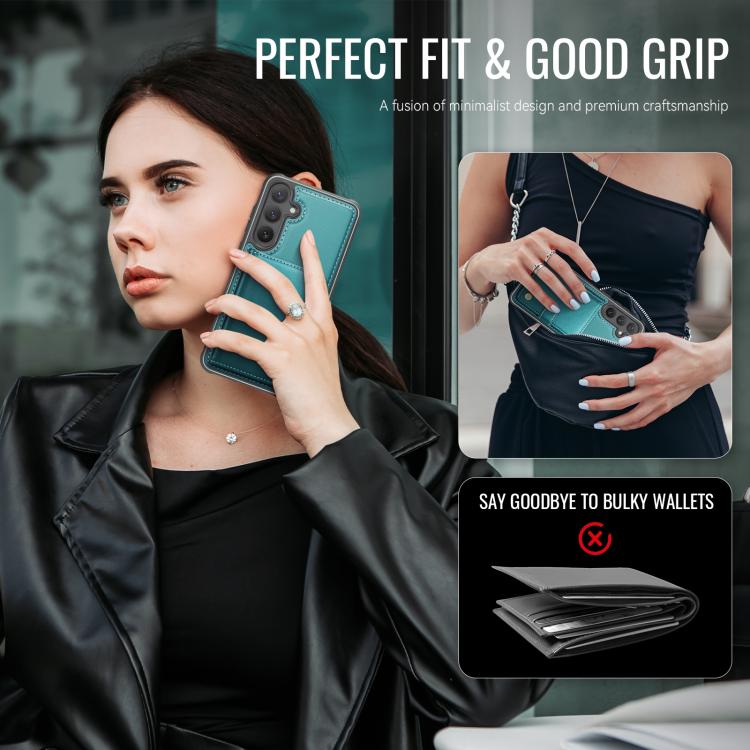For Samsung Galaxy S24 FE 5G JEEHOOD J09 Buckle Card Bag MagSafe Magnetic Style RFID Leather Phone Case