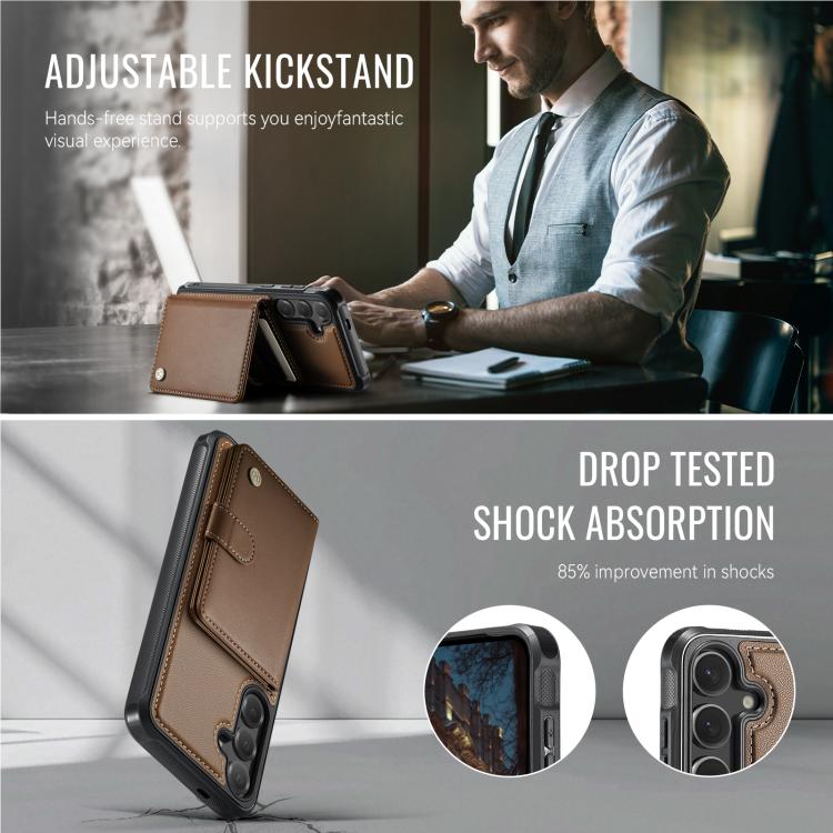 For Samsung Galaxy S24 FE 5G JEEHOOD J09 Buckle Card Bag MagSafe Magnetic Style RFID Leather Phone Case