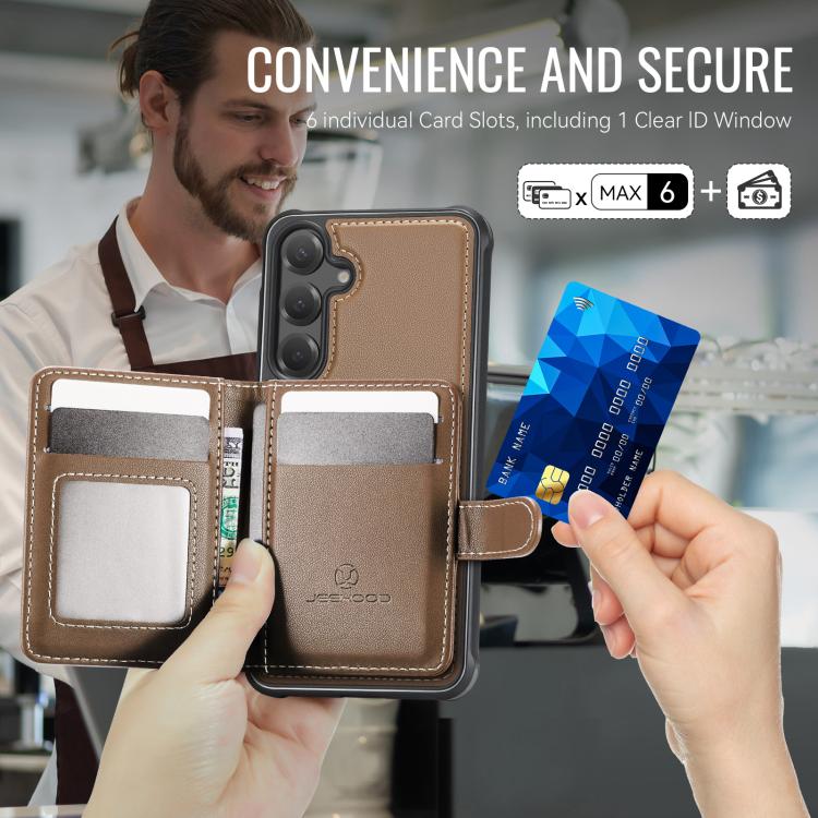 For Samsung Galaxy S24+ 5G JEEHOOD J09 Buckle Card Bag MagSafe Magnetic Style RFID Leather Phone Case