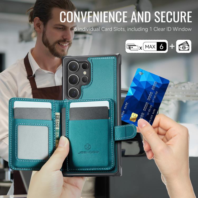 For Samsung Galaxy S23 Ultra 5G JEEHOOD J09 Buckle Card Bag MagSafe Magnetic Style RFID Leather Phone Case