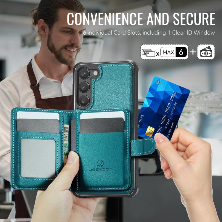 For Samsung Galaxy S23+ 5G JEEHOOD J09 Buckle Card Bag MagSafe Magnetic Style RFID Leather Phone Case