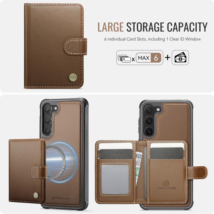 For Samsung Galaxy S23+ 5G JEEHOOD J09 Buckle Card Bag MagSafe Magnetic Style RFID Leather Phone Case