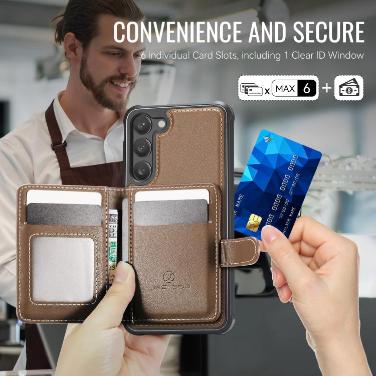 For Samsung Galaxy S23+ 5G JEEHOOD J09 Buckle Card Bag MagSafe Magnetic Style RFID Leather Phone Case
