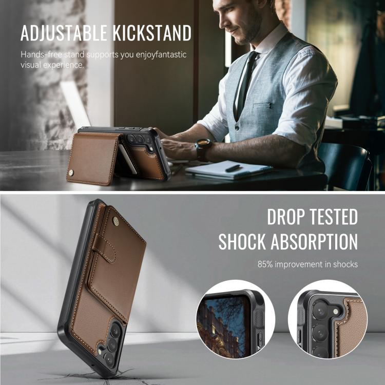 For Samsung Galaxy S23+ 5G JEEHOOD J09 Buckle Card Bag MagSafe Magnetic Style RFID Leather Phone Case