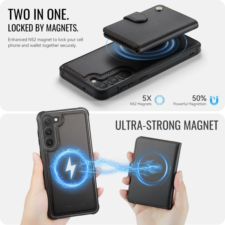 For Samsung Galaxy S23+ 5G JEEHOOD J09 Buckle Card Bag MagSafe Magnetic Style RFID Leather Phone Case