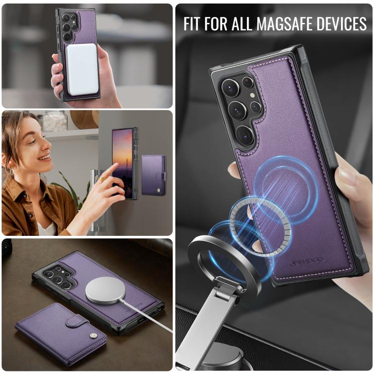 For Samsung Galaxy S22 Ultra 5G JEEHOOD J09 Buckle Card Bag MagSafe Magnetic Style RFID Leather Phone Case