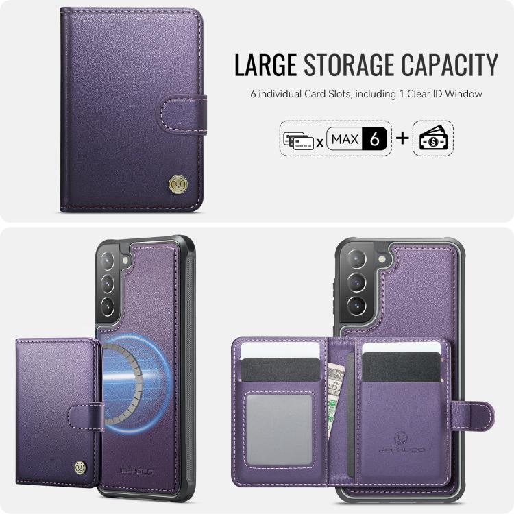For Samsung Galaxy S22+ 5G JEEHOOD J09 Buckle Card Bag MagSafe Magnetic Style RFID Leather Phone Case