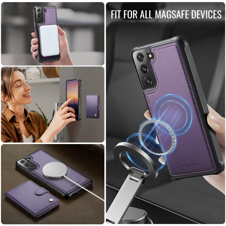 For Samsung Galaxy S22+ 5G JEEHOOD J09 Buckle Card Bag MagSafe Magnetic Style RFID Leather Phone Case