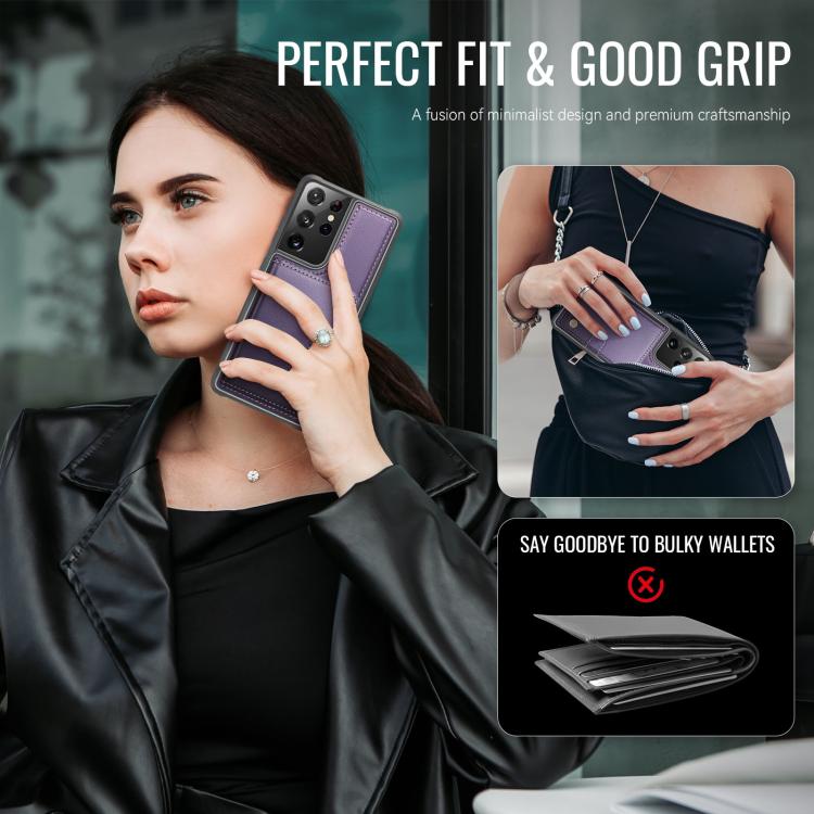 For Samsung Galaxy S21 Ultra 5G JEEHOOD J09 Buckle Card Bag MagSafe Magnetic Style RFID Leather Phone Case