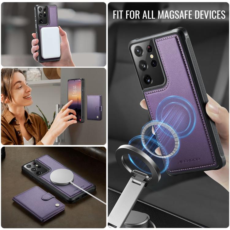 For Samsung Galaxy S21 Ultra 5G JEEHOOD J09 Buckle Card Bag MagSafe Magnetic Style RFID Leather Phone Case