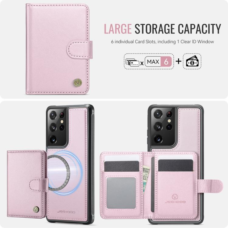 For Samsung Galaxy S21 Ultra 5G JEEHOOD J09 Buckle Card Bag MagSafe Magnetic Style RFID Leather Phone Case