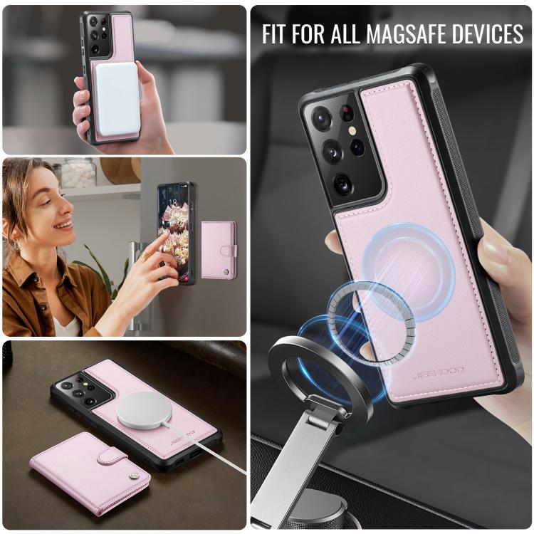 For Samsung Galaxy S21 Ultra 5G JEEHOOD J09 Buckle Card Bag MagSafe Magnetic Style RFID Leather Phone Case