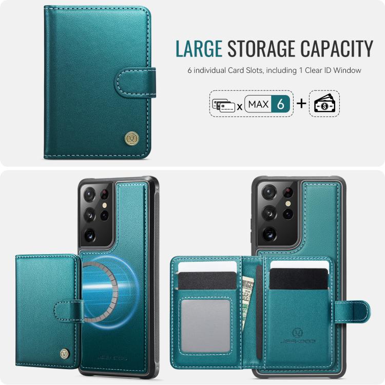 For Samsung Galaxy S21 Ultra 5G JEEHOOD J09 Buckle Card Bag MagSafe Magnetic Style RFID Leather Phone Case
