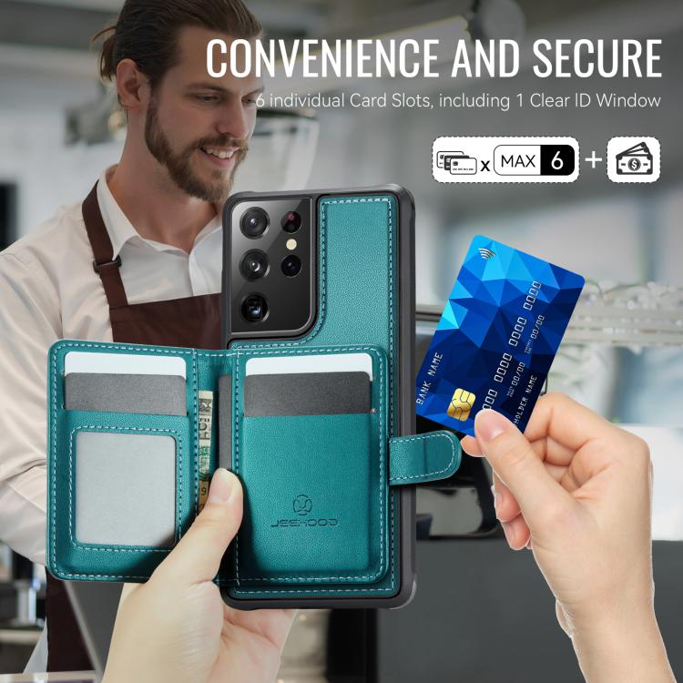For Samsung Galaxy S21 Ultra 5G JEEHOOD J09 Buckle Card Bag MagSafe Magnetic Style RFID Leather Phone Case