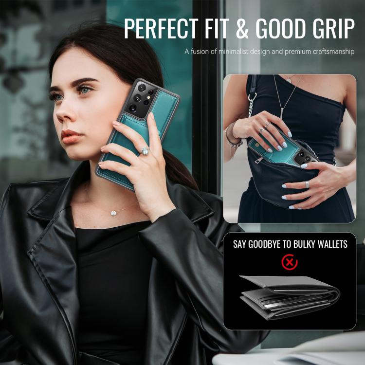 For Samsung Galaxy S21 Ultra 5G JEEHOOD J09 Buckle Card Bag MagSafe Magnetic Style RFID Leather Phone Case