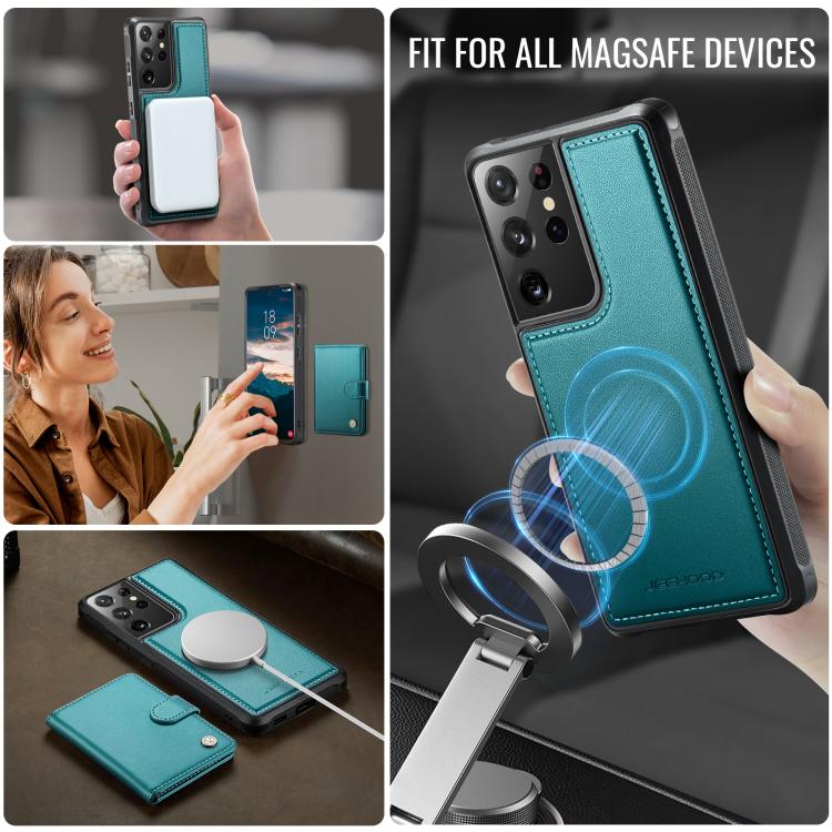 For Samsung Galaxy S21 Ultra 5G JEEHOOD J09 Buckle Card Bag MagSafe Magnetic Style RFID Leather Phone Case