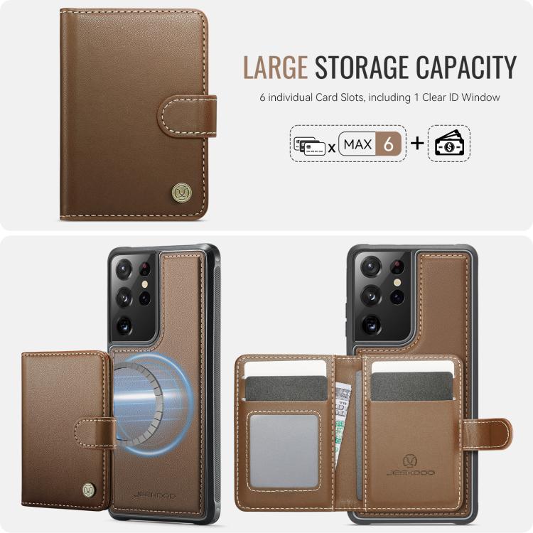 For Samsung Galaxy S21 Ultra 5G JEEHOOD J09 Buckle Card Bag MagSafe Magnetic Style RFID Leather Phone Case