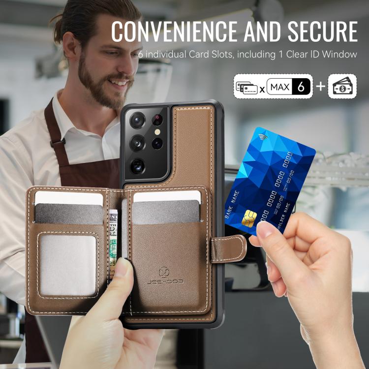 For Samsung Galaxy S21 Ultra 5G JEEHOOD J09 Buckle Card Bag MagSafe Magnetic Style RFID Leather Phone Case