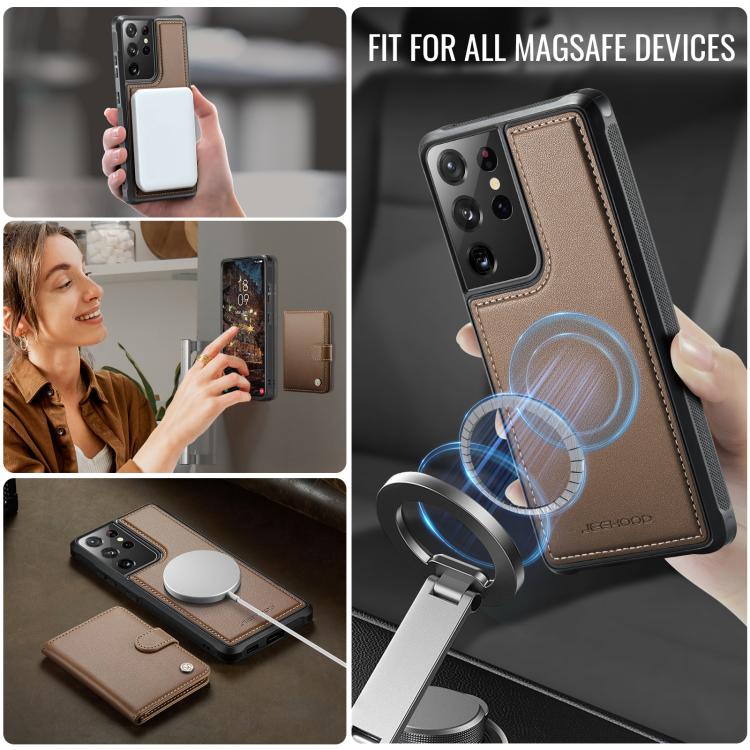 For Samsung Galaxy S21 Ultra 5G JEEHOOD J09 Buckle Card Bag MagSafe Magnetic Style RFID Leather Phone Case
