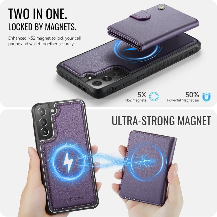 For Samsung Galaxy S21 5G JEEHOOD J09 Buckle Card Bag MagSafe Magnetic Style RFID Leather Phone Case