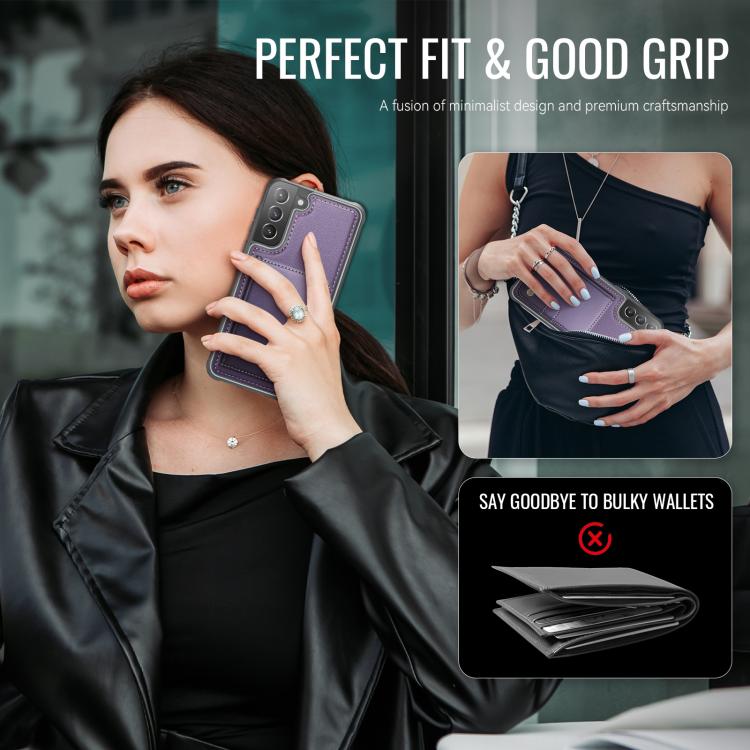 For Samsung Galaxy S21 5G JEEHOOD J09 Buckle Card Bag MagSafe Magnetic Style RFID Leather Phone Case