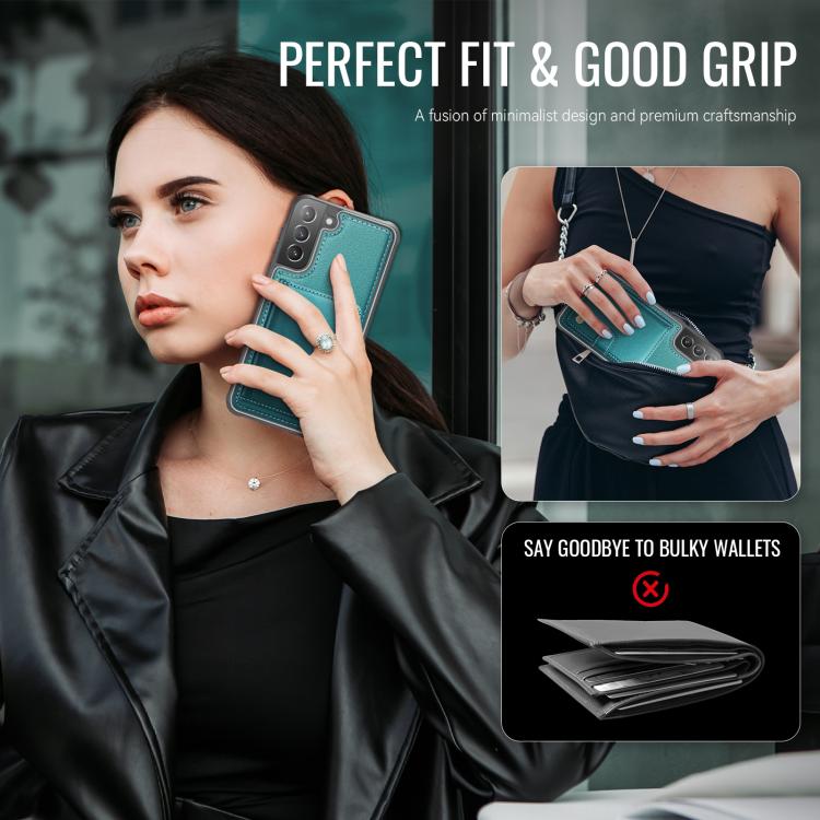 For Samsung Galaxy S21 5G JEEHOOD J09 Buckle Card Bag MagSafe Magnetic Style RFID Leather Phone Case
