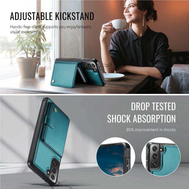 For Samsung Galaxy S21 5G JEEHOOD J09 Buckle Card Bag MagSafe Magnetic Style RFID Leather Phone Case