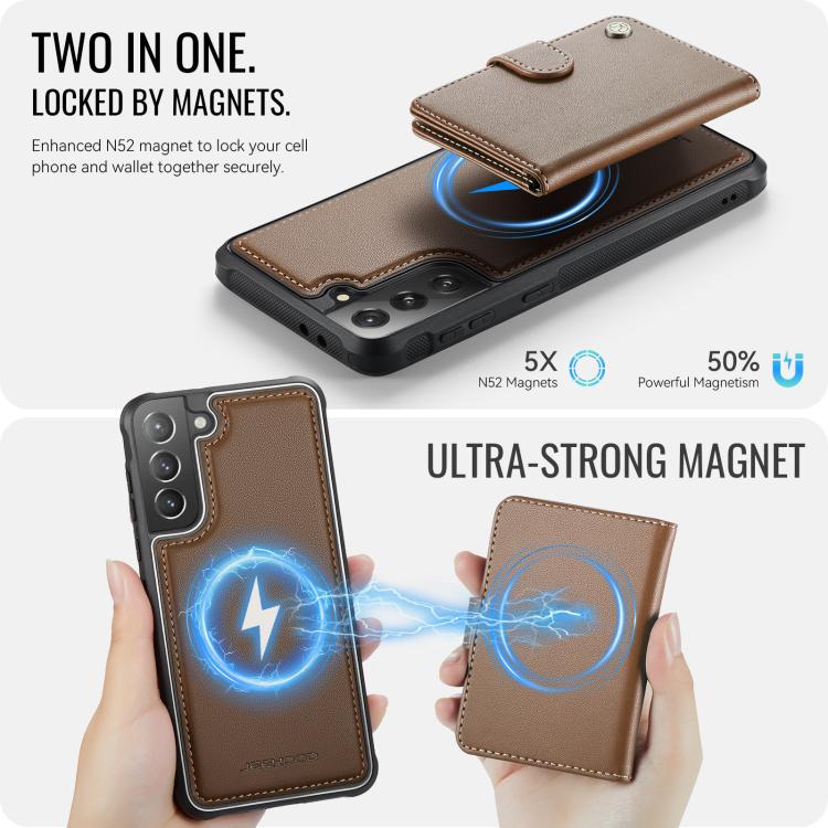 For Samsung Galaxy S21 5G JEEHOOD J09 Buckle Card Bag MagSafe Magnetic Style RFID Leather Phone Case