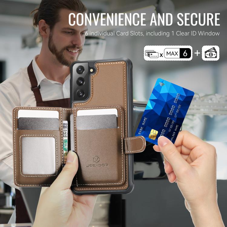 For Samsung Galaxy S21 5G JEEHOOD J09 Buckle Card Bag MagSafe Magnetic Style RFID Leather Phone Case