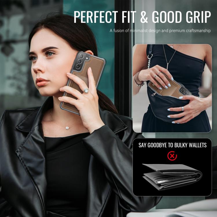 For Samsung Galaxy S21 5G JEEHOOD J09 Buckle Card Bag MagSafe Magnetic Style RFID Leather Phone Case