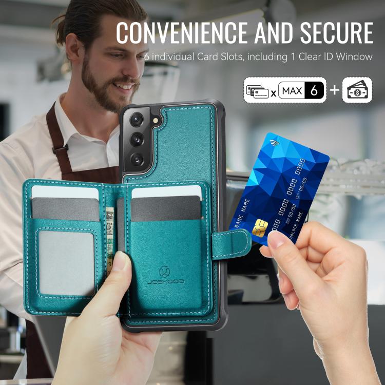For Samsung Galaxy S21 FE 5G JEEHOOD J09 Buckle Card Bag MagSafe Magnetic Style RFID Leather Phone Case