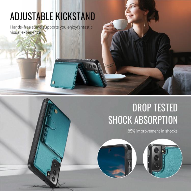 For Samsung Galaxy S21 FE 5G JEEHOOD J09 Buckle Card Bag MagSafe Magnetic Style RFID Leather Phone Case