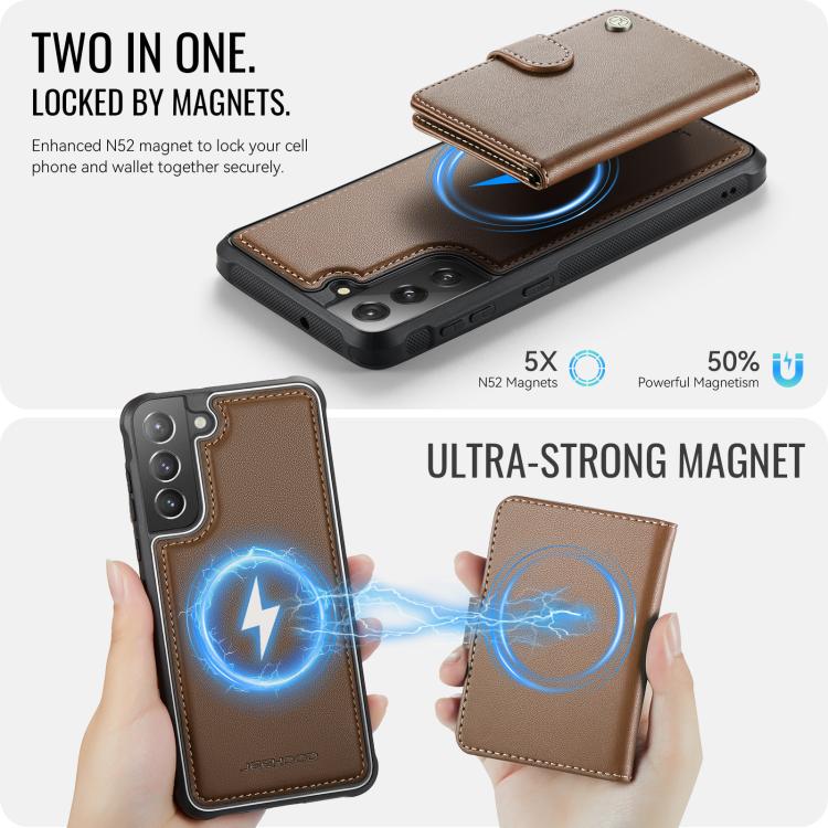 For Samsung Galaxy S21 FE 5G JEEHOOD J09 Buckle Card Bag MagSafe Magnetic Style RFID Leather Phone Case