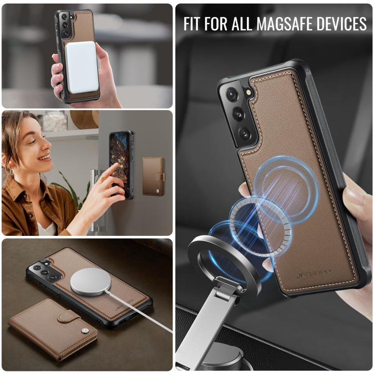 For Samsung Galaxy S21 FE 5G JEEHOOD J09 Buckle Card Bag MagSafe Magnetic Style RFID Leather Phone Case