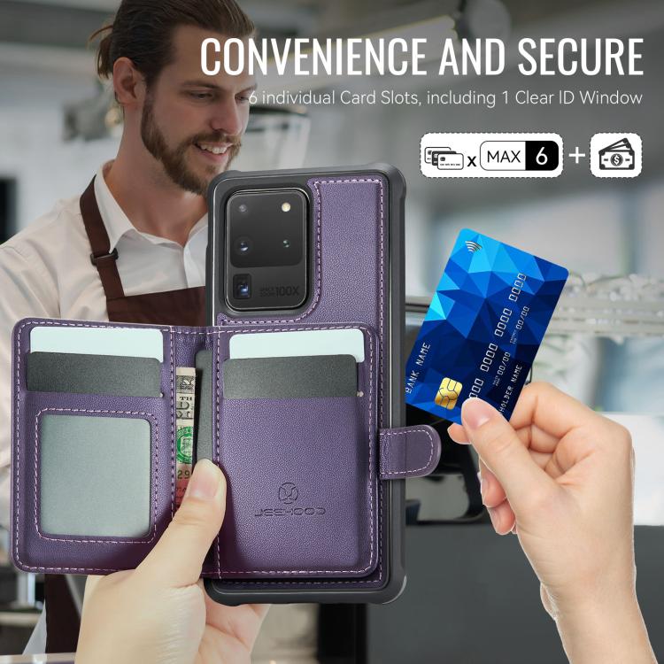 For Samsung Galaxy S20 Ultra 5G JEEHOOD J09 Buckle Card Bag MagSafe Magnetic Style RFID Leather Phone Case