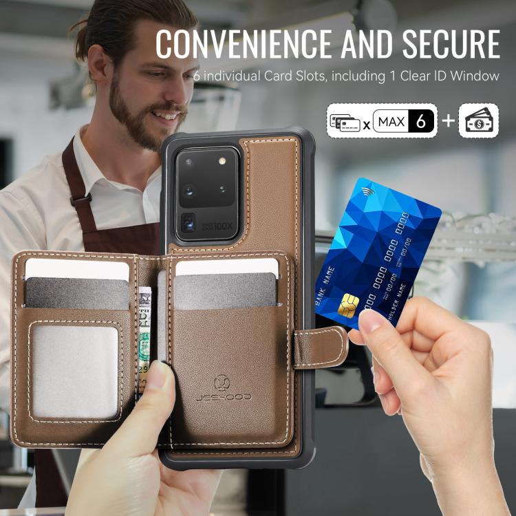 For Samsung Galaxy S20 Ultra 5G JEEHOOD J09 Buckle Card Bag MagSafe Magnetic Style RFID Leather Phone Case