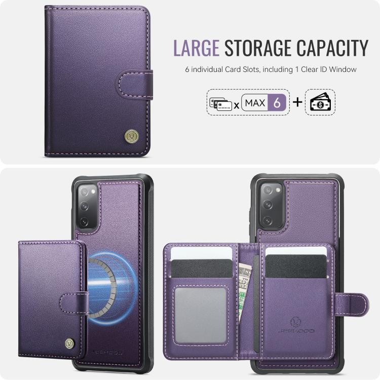 For Samsung Galaxy S20 FE JEEHOOD J09 Buckle Card Bag MagSafe Magnetic Style RFID Leather Phone Case