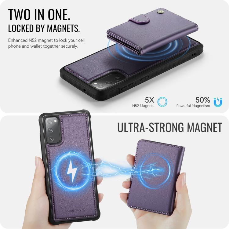 For Samsung Galaxy S20 FE JEEHOOD J09 Buckle Card Bag MagSafe Magnetic Style RFID Leather Phone Case
