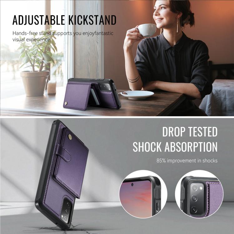 For Samsung Galaxy S20 FE JEEHOOD J09 Buckle Card Bag MagSafe Magnetic Style RFID Leather Phone Case