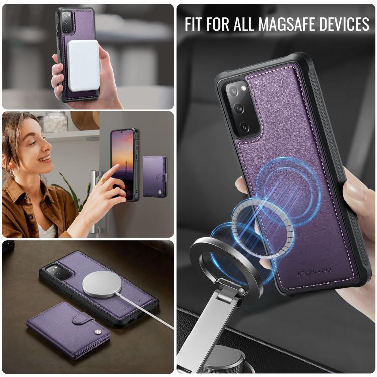 For Samsung Galaxy S20 FE JEEHOOD J09 Buckle Card Bag MagSafe Magnetic Style RFID Leather Phone Case