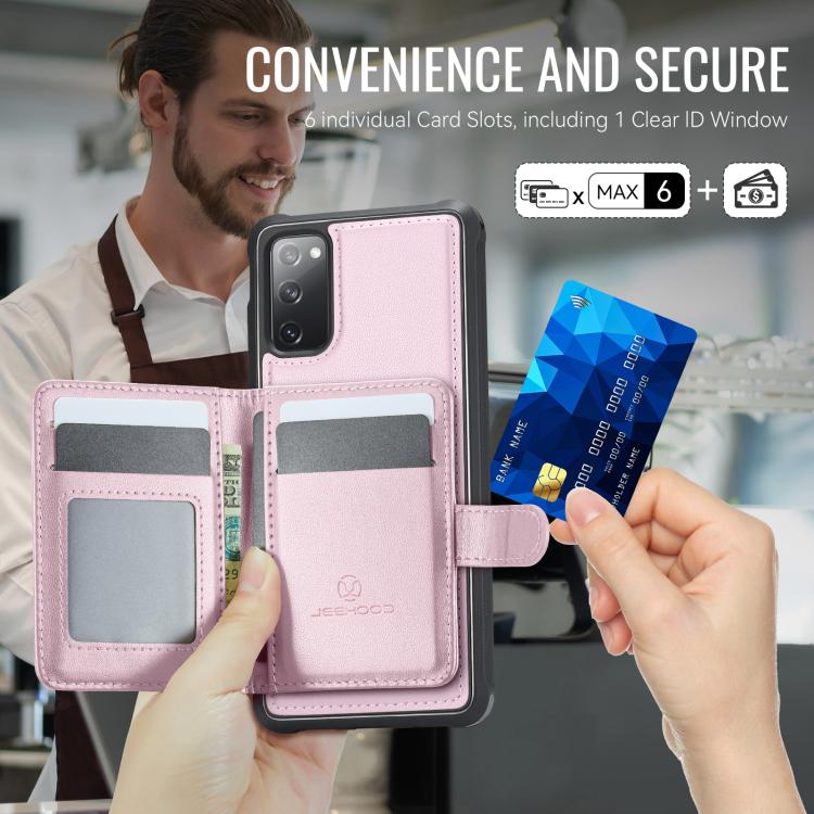 For Samsung Galaxy S20 FE JEEHOOD J09 Buckle Card Bag MagSafe Magnetic Style RFID Leather Phone Case