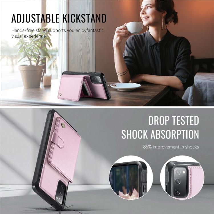 For Samsung Galaxy S20 FE JEEHOOD J09 Buckle Card Bag MagSafe Magnetic Style RFID Leather Phone Case